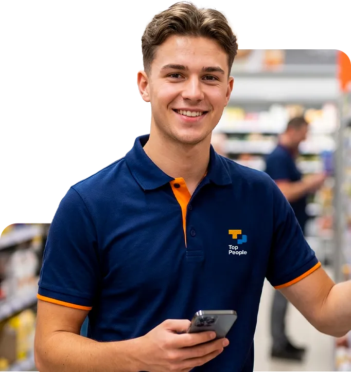 Repositor da Top People sorrindo com celular